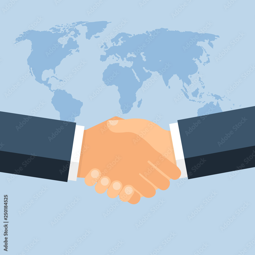 Business handshake for deal and teamwork concept. the international cooperation. shaking hands on a background map of the world vector illustration Business handshake for deal and teamwork concept. the international cooperation. shaking hands on a background map of the world vector illustration