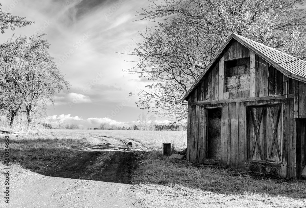Old abandoned barn with pressed hay and a road across meadow abutting the horizon with clouds Old abandoned barn with pressed hay and a road across meadow abutting the horizon with clouds