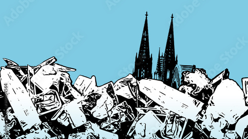 Illustration of a garbage mountain in Cologne. Waste in modern society. Plastic waste in pop art with cologne cathedral