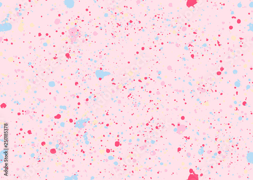 Seamless pattern with speckles different color. Spots of paint, small drops. Colorful abstract background. On pink. Vector