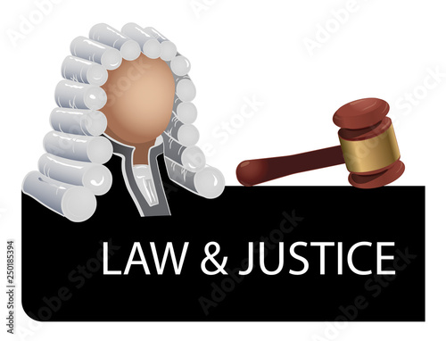 A judge is a lawyer in a wig with a hammer, a vector, a symbol of law and justice. On white background, clipart.