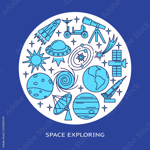 Space elements round concept banner in line style with place for text