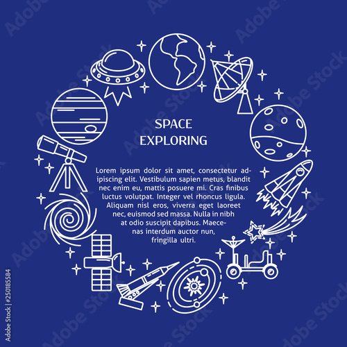 Space elements round concept banner in thin line style