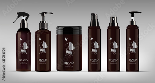 Realistic brown bottle for cosmetic cream container.  Spray bottle. Tube for ointment, lotion, balsam. Mock up bottle.  Liquid soap pump bottle. Gel, balsam, with design label.  Cosmetic products pack