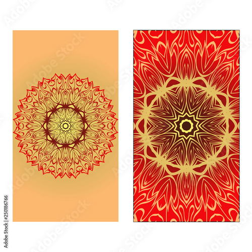 Design Vintage Cards With Floral Mandala Pattern And Ornaments. Vector illustration. Gold, red color. For Wedding, Bridal, Valentine's Day, Greeting Card Invitation.