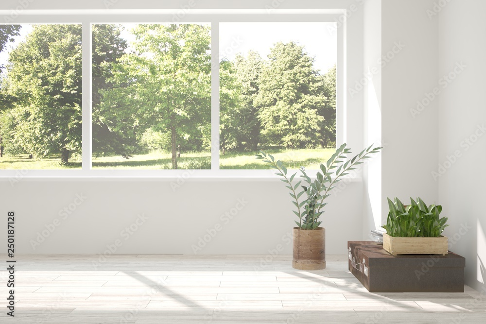 White stylish empty room with home decor and summer landscape in window. Scandinavian interior design. 3D illustration