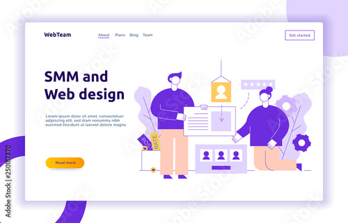 Vector social media and website creation process design concept with big man and woman holding web elements. Brainstorming picture with cogs, buttons, avatars, leaves. Mobile web design illustration.