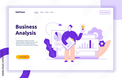 Vector business and finance design concept with big man holding idea light bulb. Brainstorming picture with cogs, graphs, diagrams, paper plane, leaves. Financial analysis big data illustration.