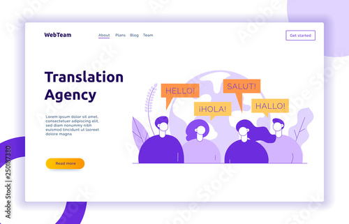 Vector flat line translation concept of big modern people,speaking different languages.Trendy language courses, translation agency illustration with earth globe, word hello in Spanish,French,German.