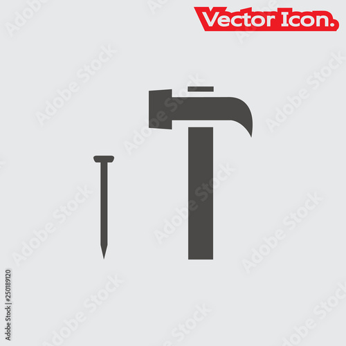 Hammer and nails icon isolated sign symbol and flat style for app, web and digital design. Vector illustration.