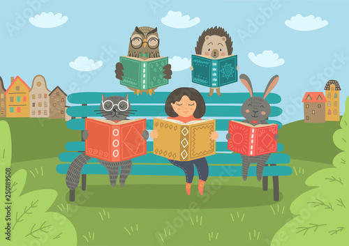 Girl with animals reading book 