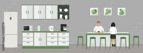 Green office kitchen. Dining room in the office. Employees are sitting at the table. Coffee break. There are kitchen cabinets, a fridge, a microwave, a kettle and a coffee machine in the image. Vector