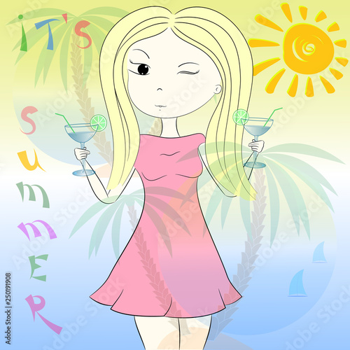 hello summer poster with girl vector illustration