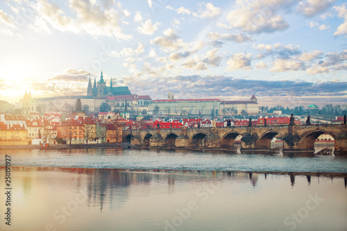 Charles bridge, old tower, castle and Vltava river on the side of Mala Strana, Prague, Czech Republic. Prague landmarks