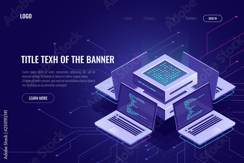 Artificial intelligence isometric abstract banner, neural network, server computers, software development, digital technology, smart system
