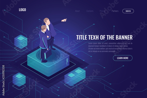Programmer engineer concept, two men consulting together, solving complex problems and developing a plan, hand pointing, electron internet business