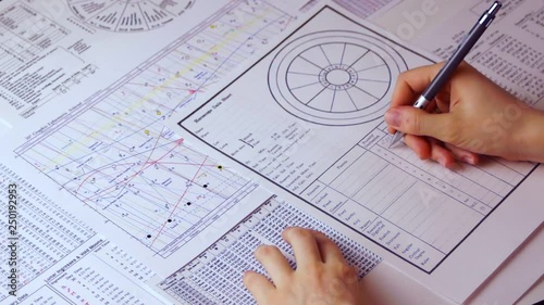 Astrological forecast. Astrologer make horoscope data sheet using data astrologocal ephemeris spreadsheet