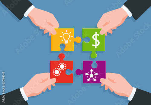 Concept du puzzle pour illustrer le processus de fabrication d’un produit, de la création au réseau de distribution, en passant par la réalisation et le financement en dollars.