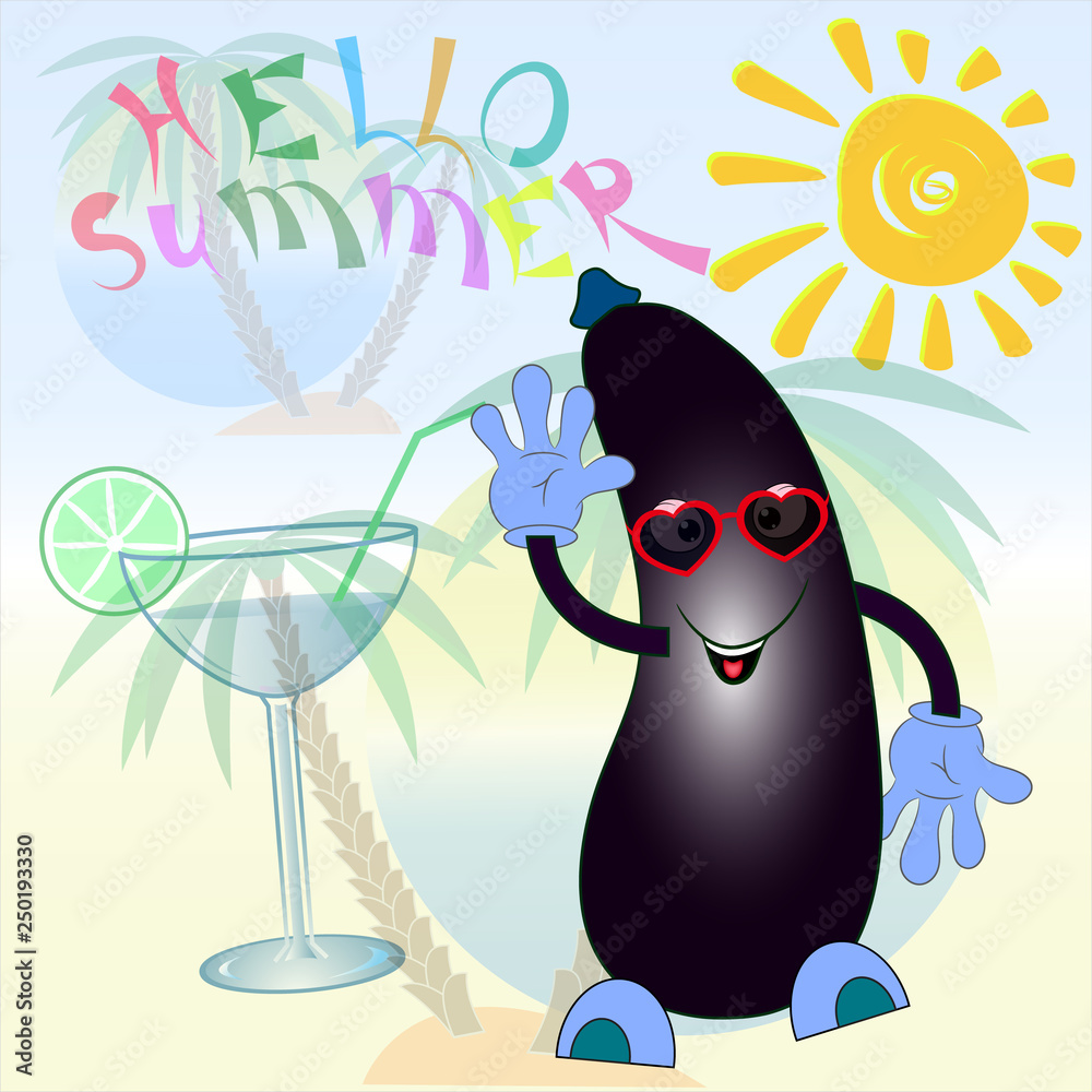 Naklejka premium hello summer cartoon eggplant poster vector 