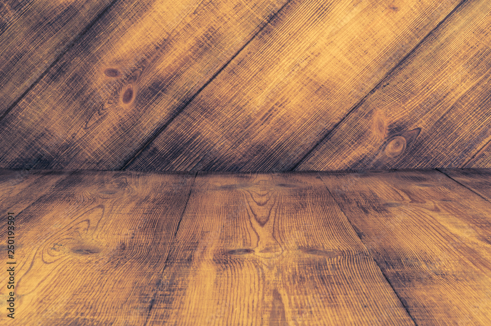 Dark plank wood floor and wall texture perspective background. - obrazy, fototapety, plakaty 