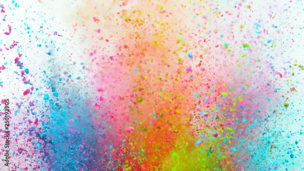 Super slowmotion shot of color powder explosion isolated on white background.