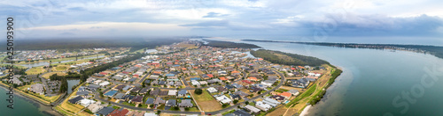 Aerial panorama of Harrington township and Manning River at dusk