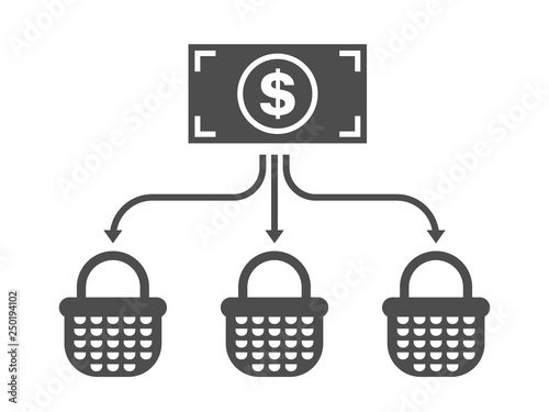 Allocation business icon. Diversification money concept. Financial investment illustration. US dollar banknote with arrows and baskets.