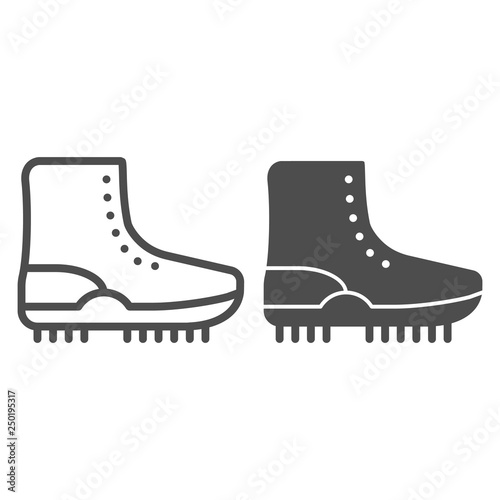 Hiking boot with crampons line and glyph icon. Footwear vector illustration isolated on white. Shoe outline style design, designed for web and app. Eps 10.