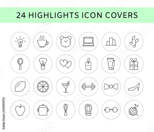 Vector set of 24 line icons - social media story highlights covers. Trendy bloggers linear icons. Blog decoration icons. Beauty icons isolated on white. Eps 10