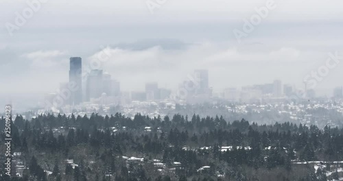 4K time-lapse of Seattle skyline at sunset after Snowpocalypse snowstorm in early February 2019 photo