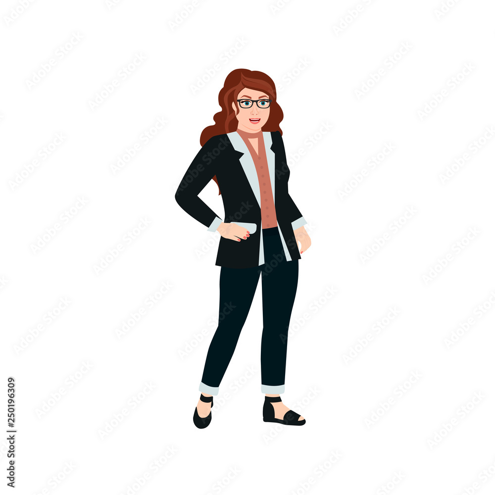 Business woman with glasses. Woman in office clothes. Vector illustration isolated white background. Business woman with glasses. Woman in office clothes. Vector illustration isolated white background.