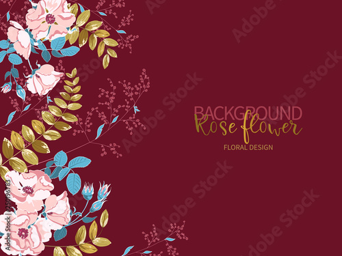 Composition of beautiful pink rose and gold tropical leaves