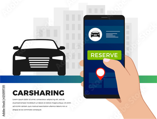 Car-sharing service illustration concept in flat design. Carsharing ride service app - search for carpool auto from your smartphone. For banner, slider, presentation. 