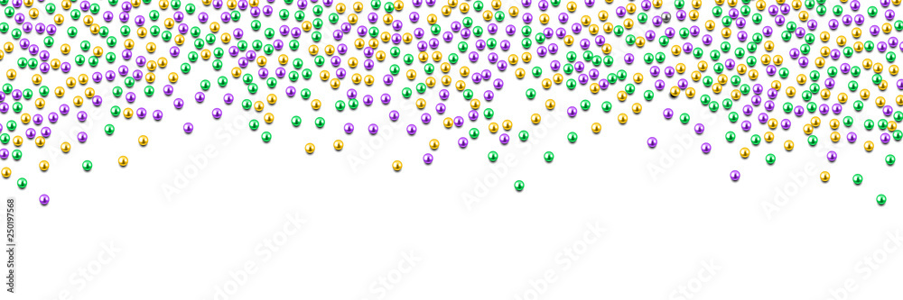 Mardi Gras beads in traditional colors, gold, purple, green, isolated on white, decorative background template, vector illustration Mardi Gras beads in traditional colors, gold, purple, green, isolated on white, decorative background template, vector illustration