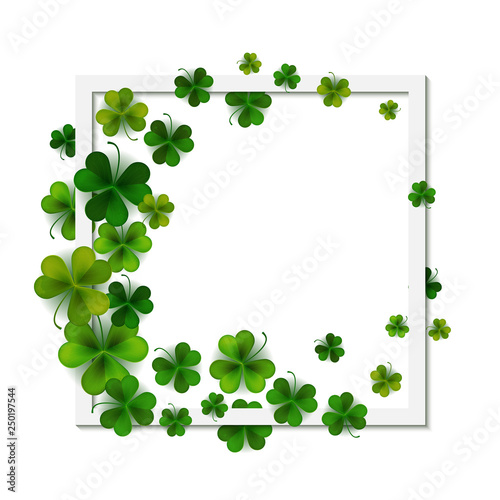 Happy Saint Patrick s day  square frame banner on shamrock leaves background  vector illustration