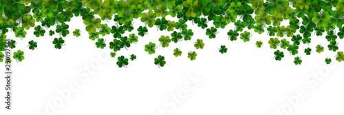 Happy Saint Patrick's day background with realistic shamrock leaves, decorative frame template, vector illustration