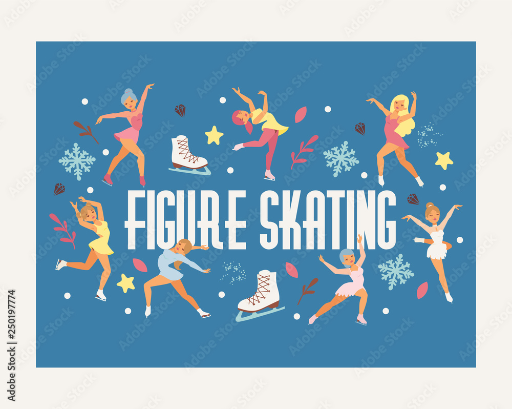 Figure skating vector backdrop girl character skates on competition and professional girlie skater illustration wallpaper of people athlete dancing on ice background