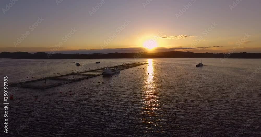 Aerial view of wellboat during harvesting of salmon in captivity, in the waters of the Chiloe archipelago Aerial view of wellboat during harvesting of salmon in captivity, in the waters of the Chiloe archipelago
