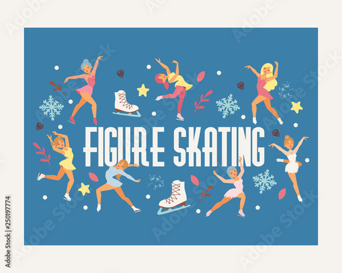Figure skating vector backdrop girl character skates on competition and professional girlie skater illustration wallpaper of people athlete dancing on ice background photo