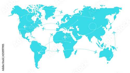 World map with airline routes. Silhouette of world map with icons of airplanes. International flights. Dotted line air path. Vector illustration