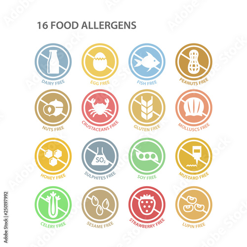 Allergens free circle colorful ingredients label set. Soy free, dairy free, gluten free pastel colors stamps. Allergen vector sticker set.