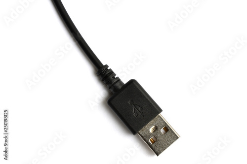 Black USB cable plug isolated on white background.