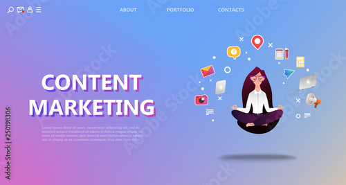 Content marketing landing page. Happy woman  in yoga pose, internet marketer in the workplace. Colored icons for webpage template