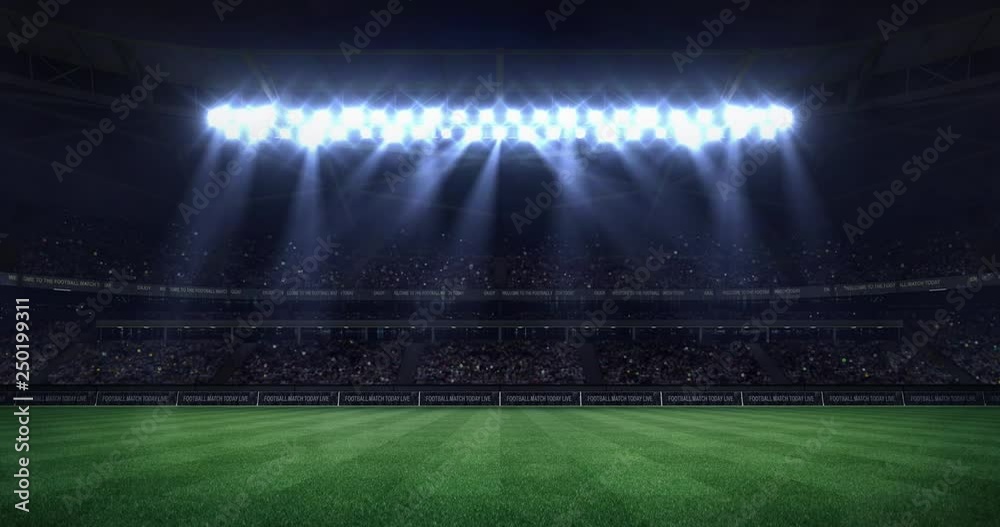 grand football stadium at night with light moving cones as seamless loop, soccer arena sport advertisement static view background, 4k loop animation