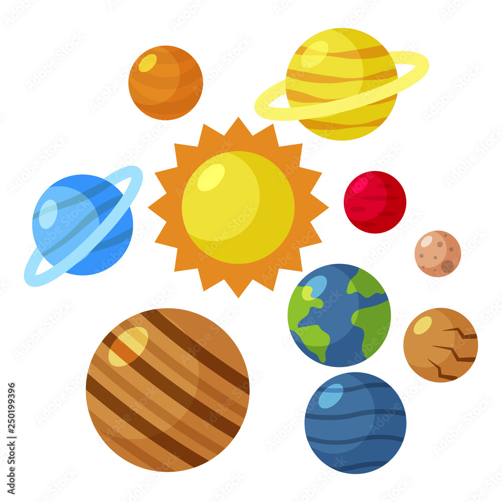Flat solar system, sun, mars, mercury, earth, venus, jupiter, saturn,  uranus, neptune. Universe for kids. Isolated on white background. Vector  illustration. Stock Vector