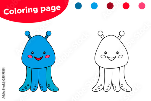 Educational game for preschool kids. Printable coloring page or book, cartoon alien. Kawaii cartoon character. Vector illustration.