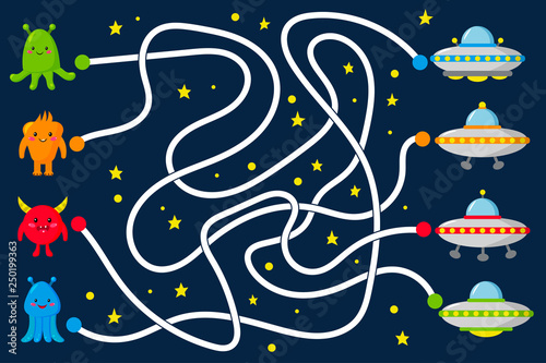 Maze game for kids. Help the aliens find the right way to the UFO. Open space with stars. Kawaii cartoon style. Vector illustration.