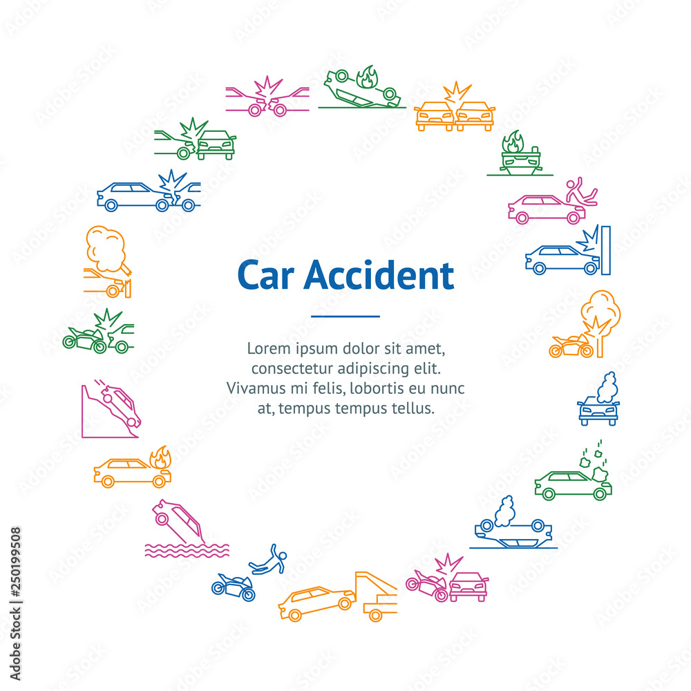Car Accident Signs Thin Line Banner Card Circle. Vector