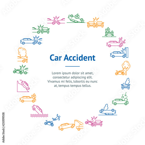 Car Accident Signs Thin Line Banner Card Circle. Vector