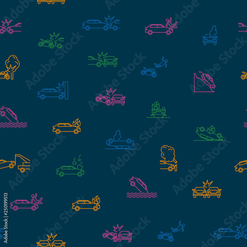 Car Accident Thin Line Seamless Pattern Background. Vector